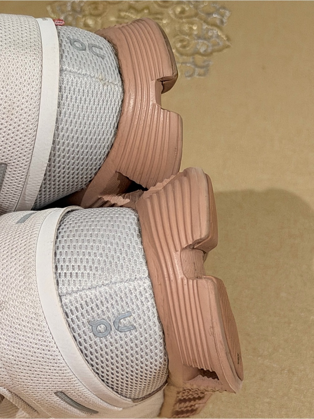 On Cloud Women’s Athletic Shoes - Light Gray with Pink Sole - Picture 5 of 8